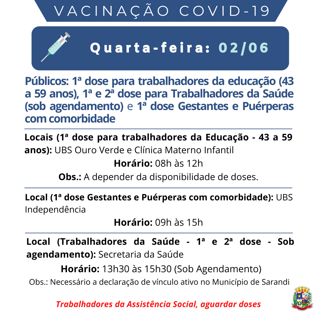 Cronograma de Vacinação contra Covid-19 - Quarta-feira - 02/06/2021
